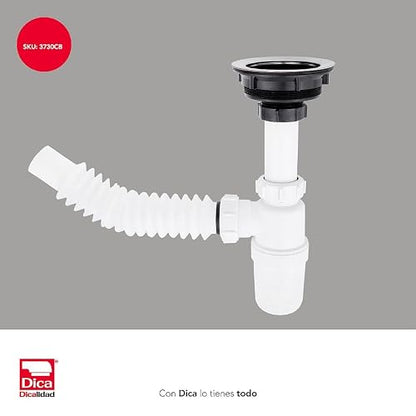 Dica 3730CB Céspol Flexible Bote Grande con Contracanasta para Fregadero, Trampa para Tarja con Tubo Flexible, Desagüe para Cocina, Plástica