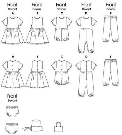 BUTTERICK PATTERNS B5624 Vestido de bebé, Jersey, mamel, Mono, Bragas, Sombrero y Bolso, Talla NB0 (NB-S-M)