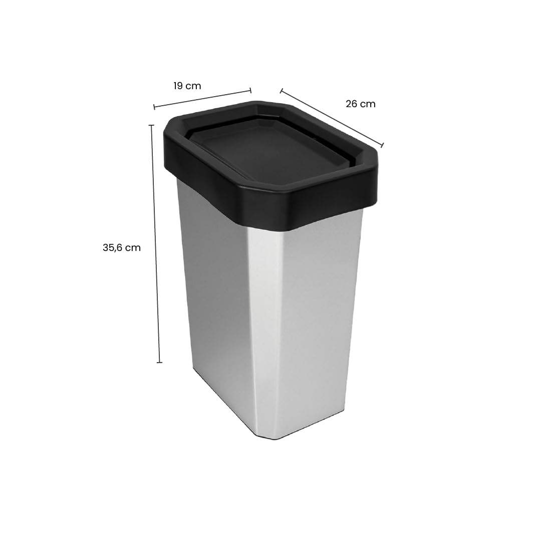 10 L Mini Bote de Basura con Tapa Vaivén IML Negro Metalizado, Ideal para Baños Pequeños, Escritorios y Rincones, Compacto, Ligero y de Fácil Mantenimiento | Estra