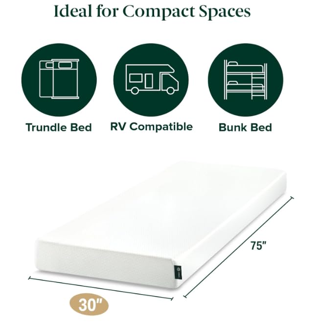 ZINUS Colchón híbrido de Espuma y Resorte de 6 Pulgadas, 75 x 30 Pulgadas, Estrecho, rodar, litera, Cama de día, Compatible con RV, sensación de firmeza Media, Certificado CertiPUR-US