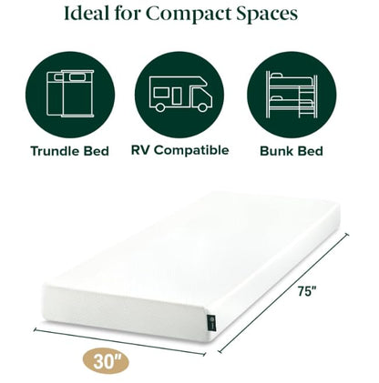 ZINUS Colchón híbrido de Espuma y Resorte de 6 Pulgadas, 75 x 30 Pulgadas, Estrecho, rodar, litera, Cama de día, Compatible con RV, sensación de firmeza Media, Certificado CertiPUR-US