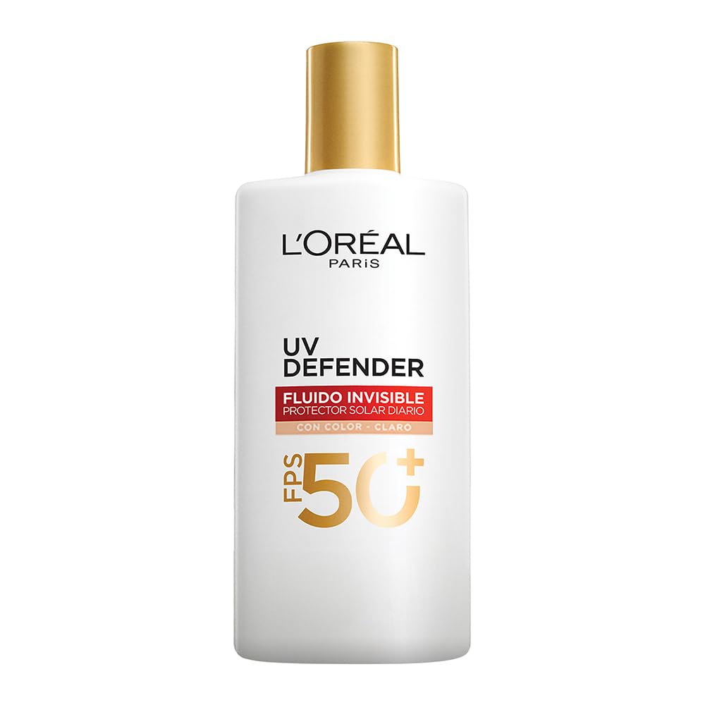 L'Oréal Paris Protector solar facial FPS50+ UV Defender Fluido Invisible Tono Claro, 40ml - Protección solar facial ultra ligero, -50% manchas y -30% arrugas debidas al sol, con Ácido Hialurónico