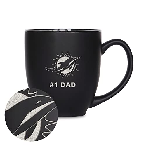 Rico Industries NFL Football Miami Dolphins #1 Dad - Taza de cerámica negra mate grabada con láser, para bebidas calientes o frías