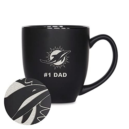 Rico Industries NFL Football Miami Dolphins #1 Dad - Taza de cerámica negra mate grabada con láser, para bebidas calientes o frías