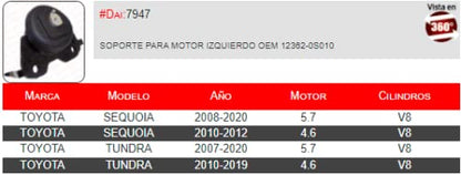 DAI Soporte para Motor Izquierdo OEM 12362-0S010 para Toyota Sequoia 2008-2020 V8 5.7, 2010-2012 V8 4.6, Toyota Tundra 2007-2020 V8 5.7, 2010-2019 V8 4.6.