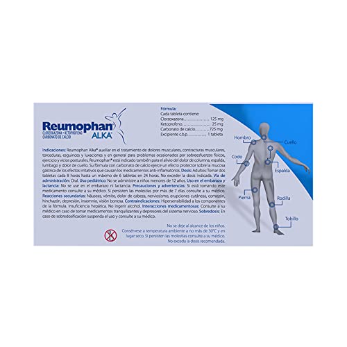 Reumophan Tabletas Alka, 125 mg, 20 Piezas | Triple acción, analgésico, antiinflamatorio, relajante muscular, con protección gástrica, carbonato de calcio, adultos