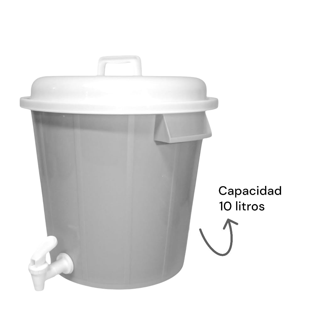 Plasvic. Bote Multifuncional de Plástico con Llave, Tapa y Asas. Perfecto para Cocina, Almacenamiento de Agua y Alimentos. Color Gris claro, tapa y llave blanca.