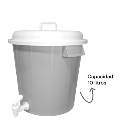 Plasvic. Bote Multifuncional de Plástico con Llave, Tapa y Asas. Perfecto para Cocina, Almacenamiento de Agua y Alimentos. Color Gris claro, tapa y llave blanca.