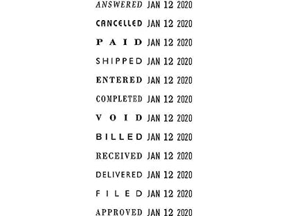 2000 PLUS Sello tradicional de fecha y 12 frases, ANSWERED, CANCELADO, PAGADO, ENTREGADO, COMPLETADO, VOID, FACULT, RECIBADO, ENTREGADO, FILED, APROBADO, Impresión de 3/8 pulgadas x 1-1/4 pulgadas,
