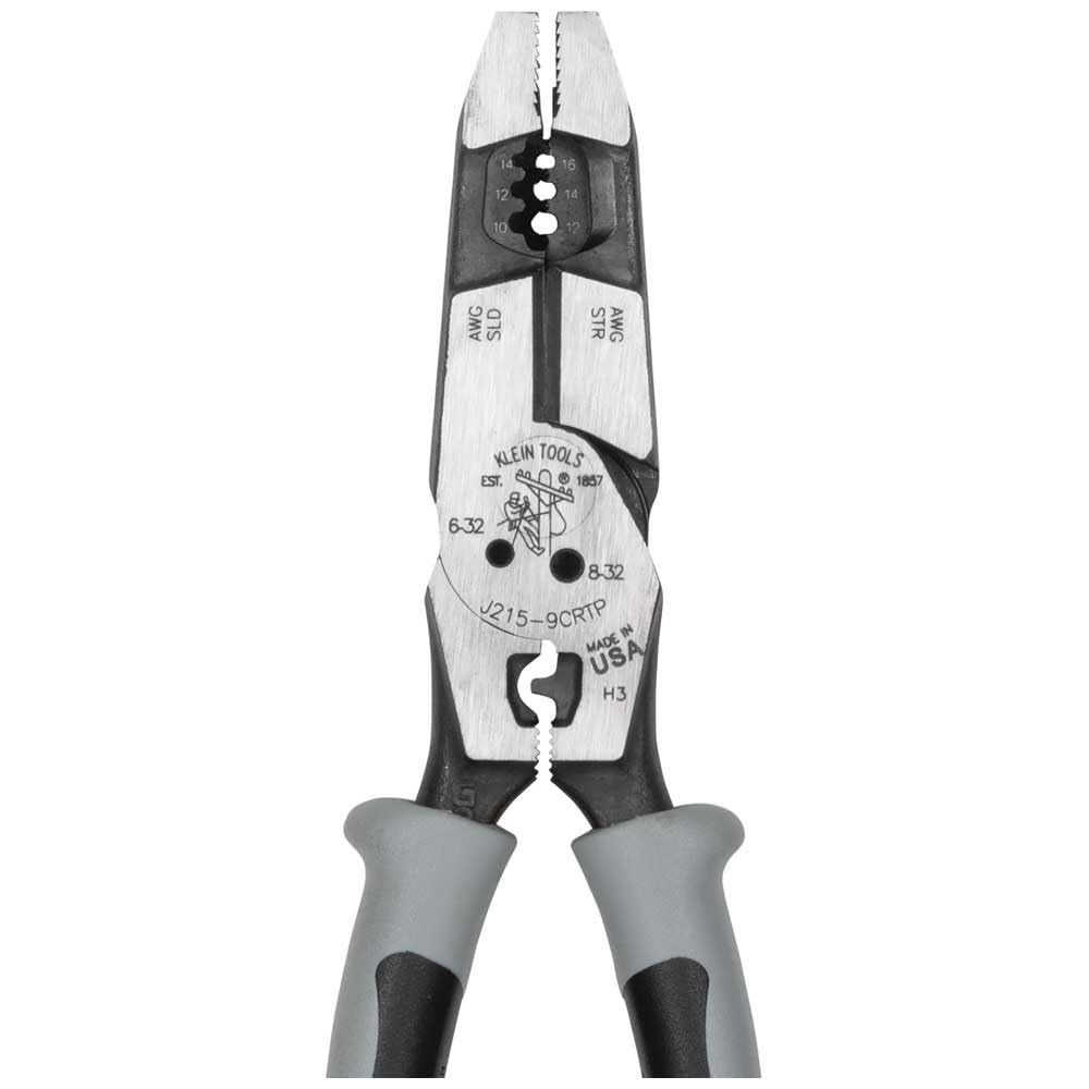 Klein Tools J2159CRTP - Alicates de corte lateral, fabricados en Estados Unidos, alicates híbridos de alto apalancamiento de 9 pulgadas con engarzador, extractor de cinta de pescado y pelacables