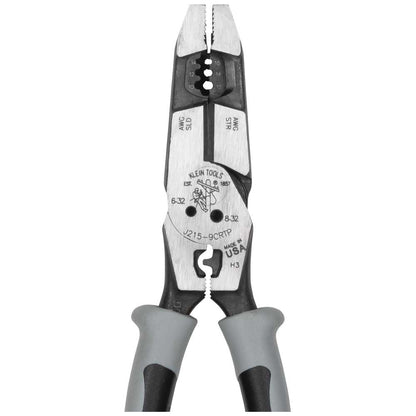 Klein Tools J2159CRTP - Alicates de corte lateral, fabricados en Estados Unidos, alicates híbridos de alto apalancamiento de 9 pulgadas con engarzador, extractor de cinta de pescado y pelacables