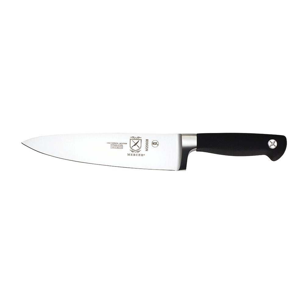 Mercer Culinary Genesis Juego de bloque con 6 cuchillos forjados, Bloque de madera con vidrio templado, Negro/Acero, 15" x 4" x 10", 1, 1
