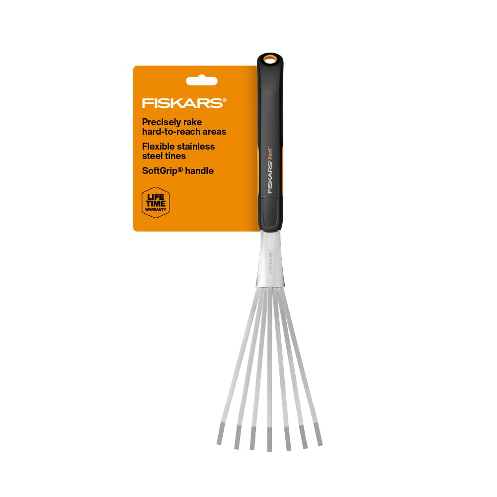 Fiskars Xact - Herramienta de Jardín de Mano con Mango SoftGrip, Acero Inoxidable - Rake