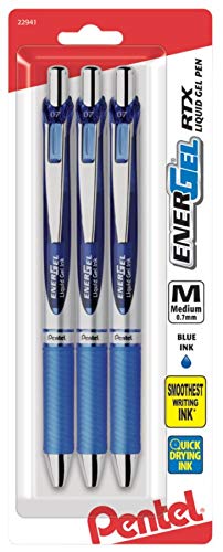 Pentel EnerGel Deluxe RTX Gel Ink Pens, 0.7 Millimeter Metal Tip, Blue Ink, 3-Pack (BL77BP3C)