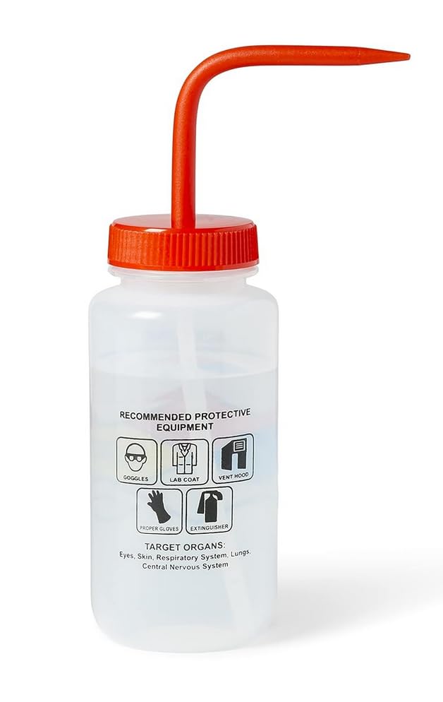 United Scientific™ UniSafe™ - Botella de lavado para acetona, 500 ml, etiquetada con información química y seguridad codificada por colores (4 colores) - Boca ancha, autoventilación, polietileno de