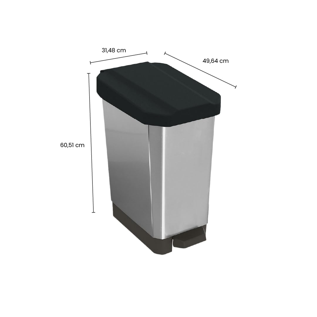44 L Bote de Basura con Pedal en Plástico IML Negro Metalizado – Sistema Silencioso, Base Antideslizante y Resistente para Hogar, Oficina e Industria | Estra