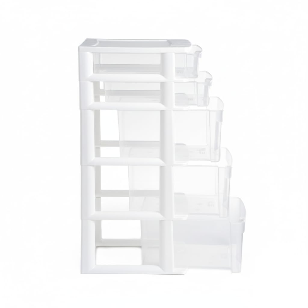 Italhome Cajonera FOX 5 de Plástico 5 Cajones Transparentes, Organizador Multiusos para Hogar y Oficina, Mueble Resistente Fácil Armado, Color Blanco