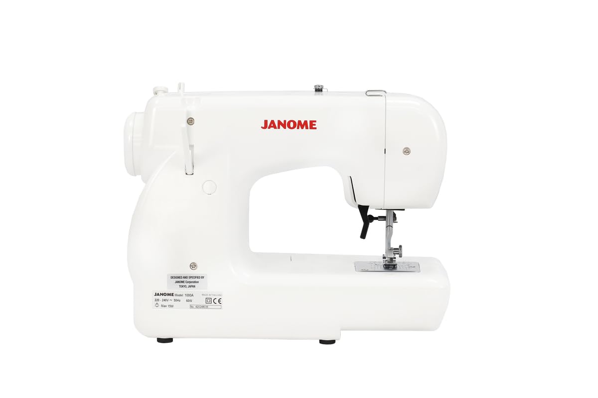 Janome 1000A Máquina de Coser Mecánica Portátil, 6 Puntadas, Ojal en 4 Pasos y Brazo Libre – Ideal para Principiantes y Mezclilla
