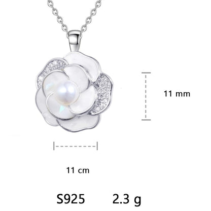 XYPHIELLE Collar de Plata 925 con Dije de Camelia para Mujer, Cadena Elegante con Perla, Joyería de Lujo para Regalo de Amor, Aniversario y Bodas