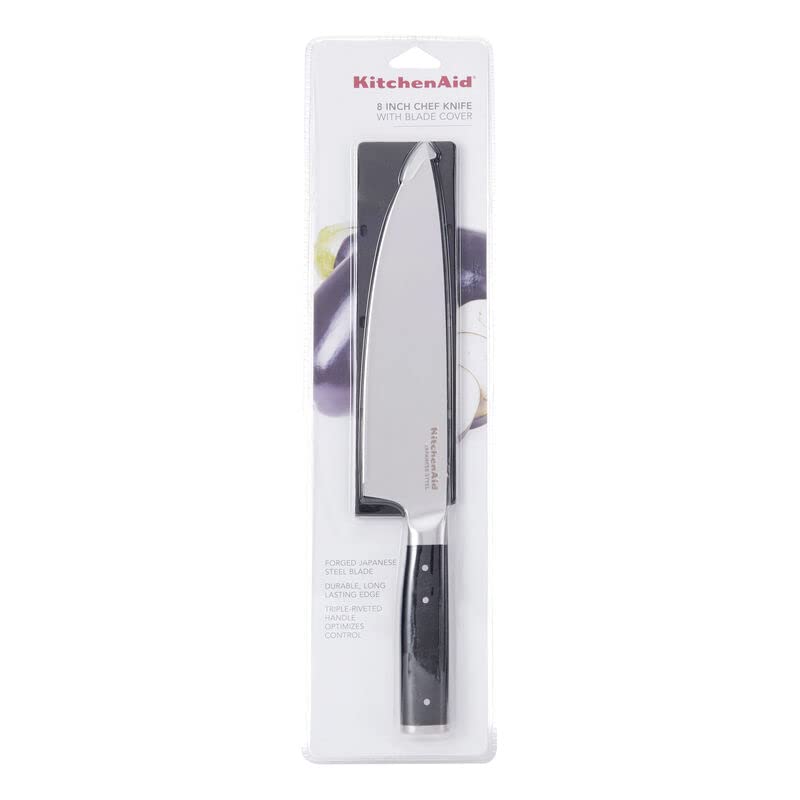 KitchenAid Gourmet - Cuchillo de chef forjado de triple remache con cubierta de hoja de ajuste personalizado, cuchillo de cocina afilado, hoja de acero inoxidable japonés de alto carbono, color negro