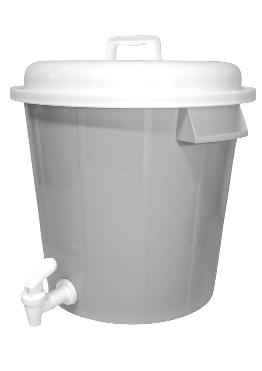 Plasvic. Bote Multifuncional de Plástico con Llave, Tapa y Asas. Perfecto para Cocina, Almacenamiento de Agua y Alimentos. Color Gris claro, tapa y llave blanca.