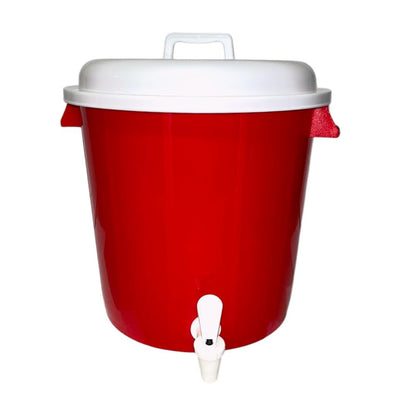 Plasvic. Bote Multifuncional de Plástico con Llave, Tapa y Asas. Perfecto para Cocina, Almacenamiento de Agua y Alimentos. Color rojo, tapa y llave blanca. - Rojo