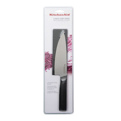 KitchenAid Cuchillo de chef clásico con cubierta de hoja de ajuste personalizado, 6 pulgadas, cuchillo de cocina afilado, hoja de acero inoxidable japonés de alto carbono, color negro