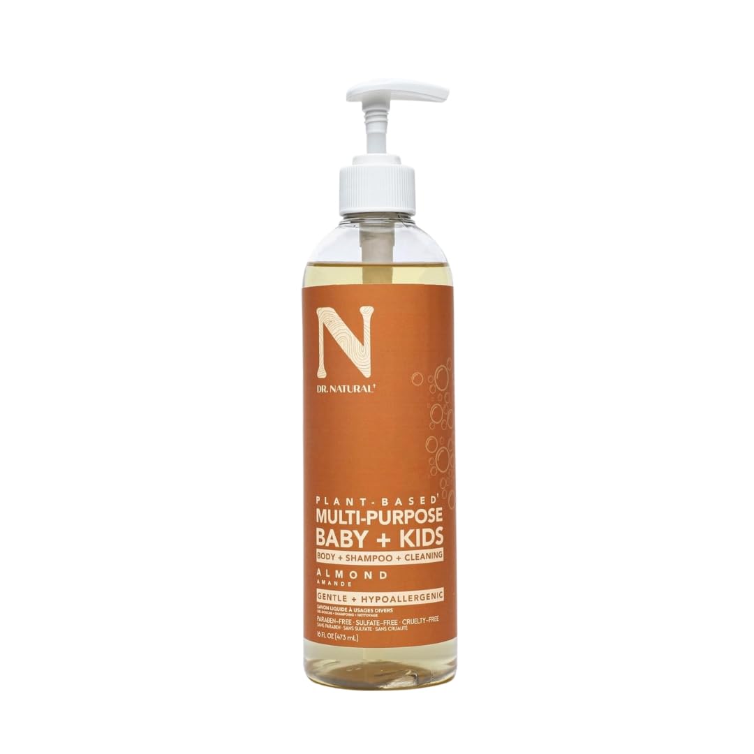 Dr. Natural Shampoo y Jabón Líquido para Cuerpo Bebés y Niños | Natural, Orgánico, Sin Sulfatos y Parabenos e Hipoalergénico | Hecho de Plantas Con Aceite de Oliva y Coco, Manteca de Karité y Romero (473 ml, Almendra)