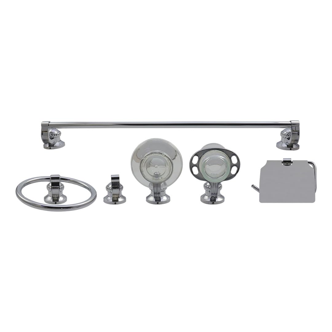 Anbec JAB6106C Juego de Accesorios para Baño 6 Piezas, Cuerpo Metálico, Incluye 1 Toallero de Barra, 1 Cepillero con Vaso, 1 Porta Rollo, 1 Jabonera con Base, 1 Toallero de Argolla, 1 Gancho, Cromado
