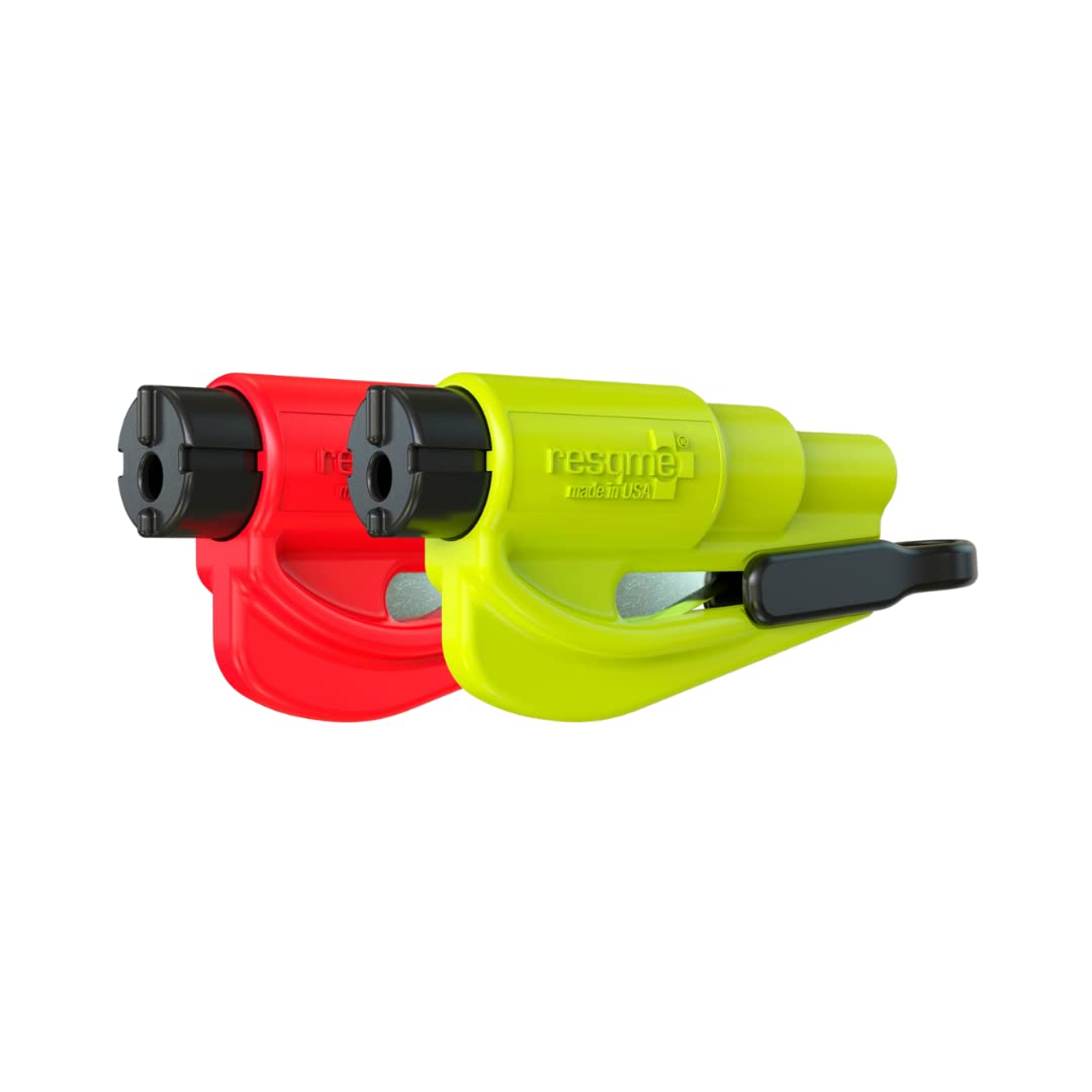 RESQME - Llavero de Emergencia Original para Escapar de Automóvil, Cortador de cinturón de Seguridad 2 en 1 y rompeventanas, Fabricado en Estados Unidos, Paquete de 2, Amarillo, Rojo, Martillo de - amarillo, rojo.