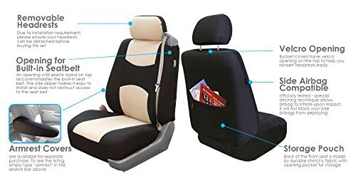 FH GROUP FH-FB351102 Pair Set All Purpose Flat Cloth Built-In Seat Belt Bucket Seat Covers Beige/Black- Fit Most Car, Truck, SUV, or Van