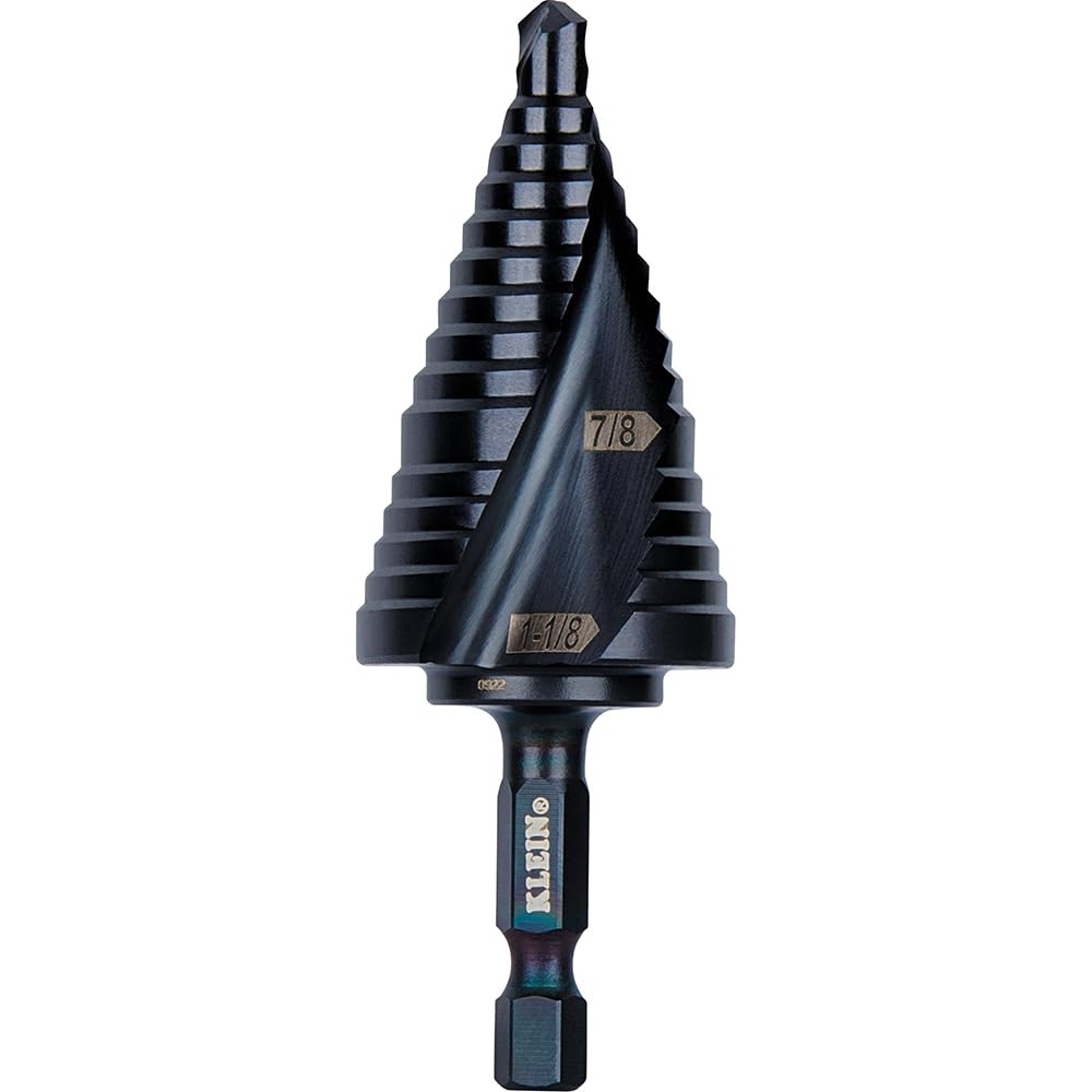 Klein Tools QRST11 Broca escalonada, espiral de liberación rápida, doble fluida, 7/8 a 1-1/8 pulgadas, vástago hexagonal, acero cortado, madera, plástico, aluminio
