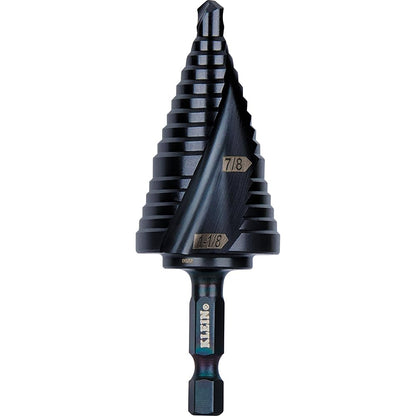 Klein Tools QRST11 Broca escalonada, espiral de liberación rápida, doble fluida, 7/8 a 1-1/8 pulgadas, vástago hexagonal, acero cortado, madera, plástico, aluminio
