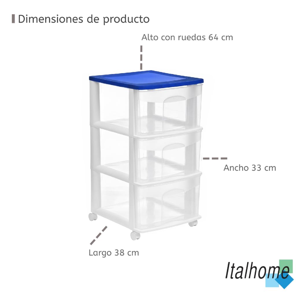 Italhome Cajonera FOX 3 de Plástico con Ruedas 3 Cajones Transparentes, Organizador Multiusos Móvil para Hogar y Oficina, Mueble Ligero Resistente, Color Azul