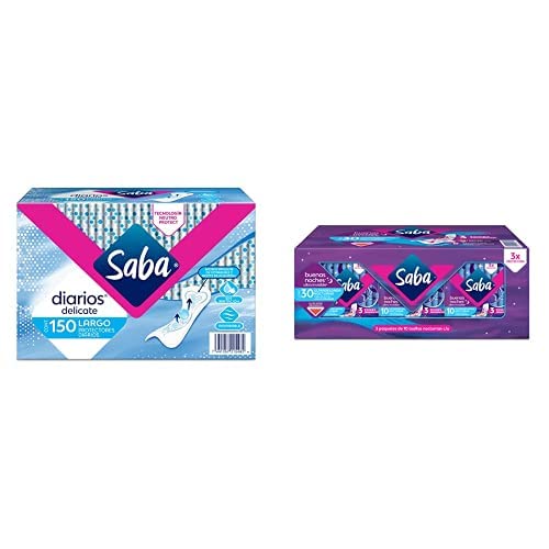 Saba Protectores Diarios Tradicionales Largos, 150 Piezas+Saba Ultra Invisible Buenas Noches, Toallas Nocturnas Con Alas, 30 Piezas