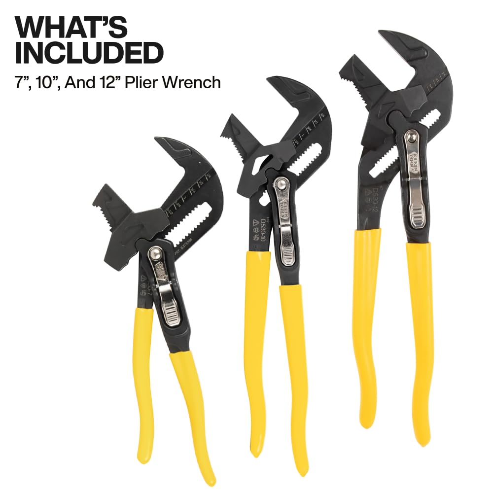 Klein Tools D53003KIT - Juego de llaves de alicates, 3 piezas, alicates de alto apalancamiento, ajustables, mandíbula reversible, dientes suaves y moleteados, 7 pulgadas, 10 pulgadas y 12 pulgadas