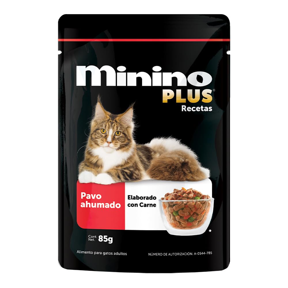 Minino Plus Recetas, alimento húmedo sabor Pavo ahumado, Paquete con 24 Pzas de 85 g.