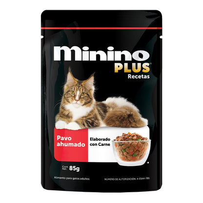 Minino Plus Recetas, alimento húmedo sabor Pavo ahumado, Paquete con 24 Pzas de 85 g.