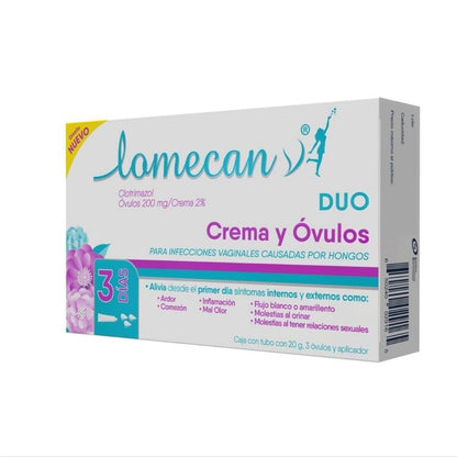 LOMECAN V Dúo, crema y óvulos, Tratamiento para infecciones cervicovaginales que alivia inflamación, comezón y ardor desde la primera aplicación, Caja con tubo 20g, 3 óvulos y aplicador