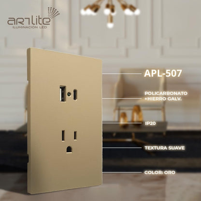 Placa Luxury APL-507 Artlite, Contacto y 2 Salidas USB (Tipo A y Tipo C), Policarbonato + Hierro Galvanizado, 15A, Color Oro, Materiales de Alta Calidad, Skin Feel