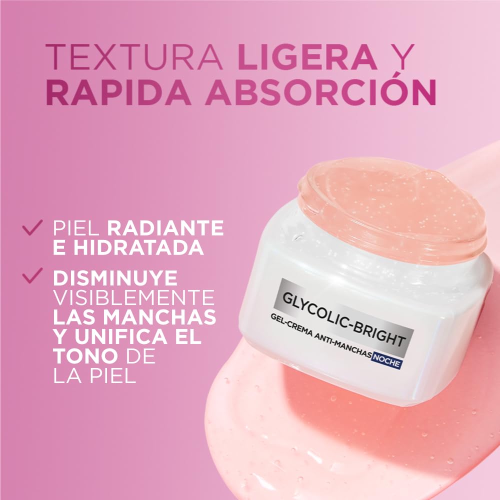 L'Oréal Paris crema noche antimanchas Glycolic Bright, 50ml - Gel crema facial con Acido Glicólico y Niacinamida que reduce todo tipo de manchas, Textura ligera y de rápida absorción.