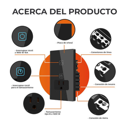 Tecnolite Connect - Apagador con Contacto Inteligente WiFi 1 Botón Táctil y 1 Enchufe, Cable Neutro, Compatible con App móvil, Alexa, Google y Siri