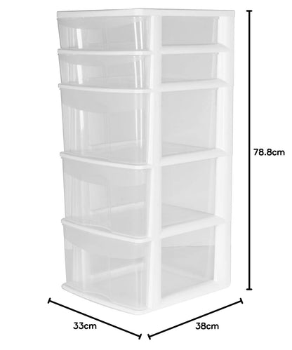 Italhome Cajonera FOX 5 de Plástico 5 Cajones Transparentes, Organizador Multiusos para Hogar y Oficina, Mueble Resistente Fácil Armado, Color Blanco