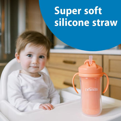 Dr. Brown's Milestones - Taza aislada para sorbos con popote y asas, vaso a prueba de derrames con tapa, paquete de 2, rosa, 10 onzas, 300 ml, sin BPA, 12 m +