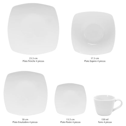 LE BONNE TABLE by Crown Baccara - Vajilla de Porcelana, de 20 piezas, 4 personas, CUADRATA BASI