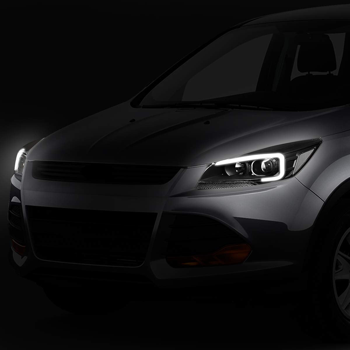 DNA Motoring HL-3D-FESC13-BK-CL1 Faros Delanteros Proyector con Barra LED DRL para Ford Escape 2013-2016, Negro