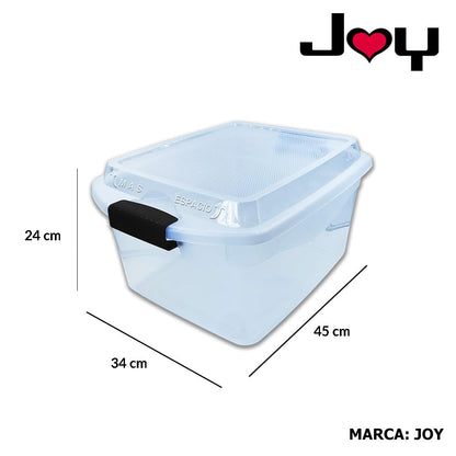 JOY Caja de Almacenamiento de Plástico con Broches de Seguridad, Paquete de 2, Capacidad de 20 Litros + 3 Litros en la Tapa! Ideal para Organizar Ropa, Juguetes y Todos Tus Objetos (45x34x24 cm)