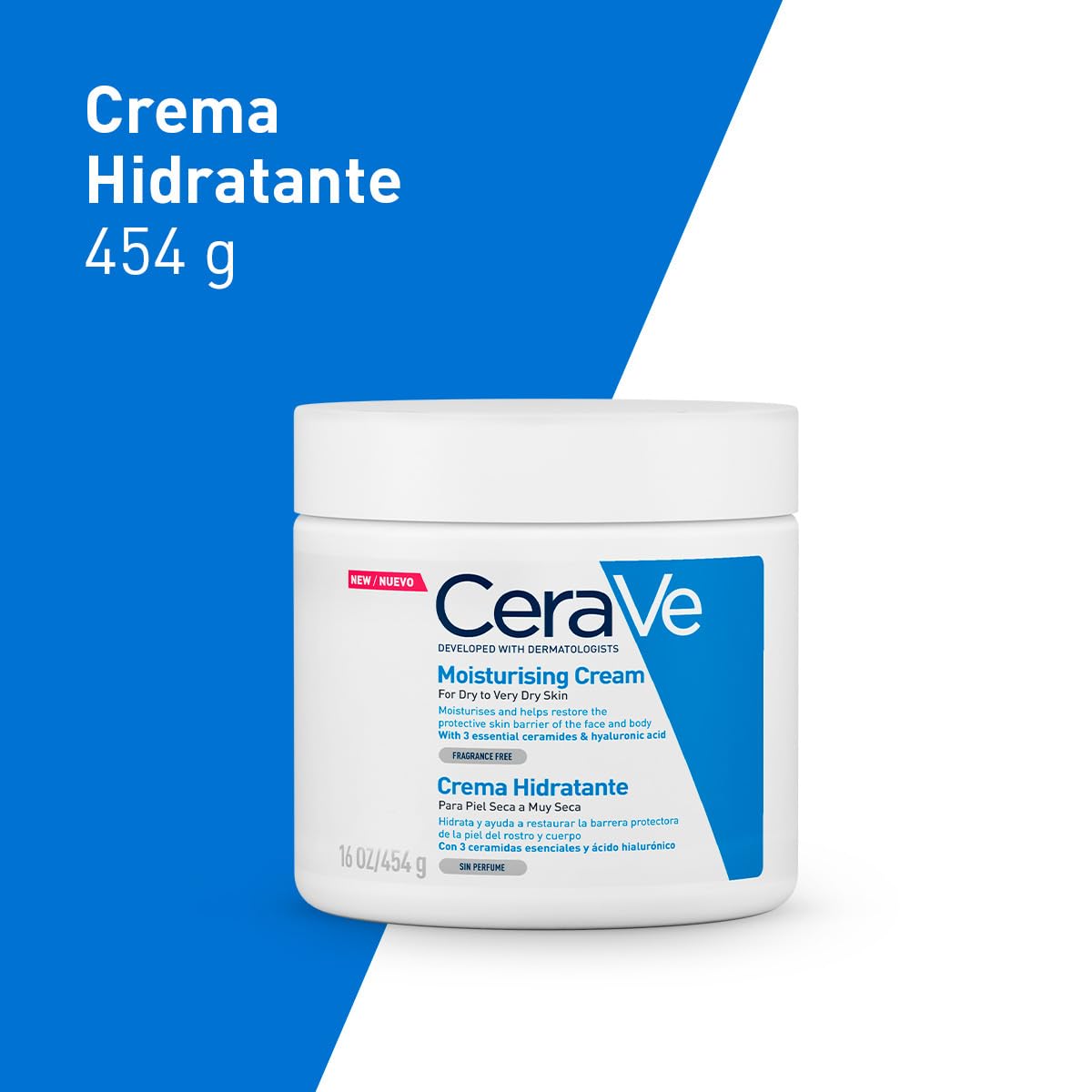 CeraVe Crema Hidratante Facial y Corporal para Piel Seca 454g | Restaura la Barrera de la Piel e Hidrata por 48 hrs, con Ceramidas Esenciales y Ácido Hialurónico