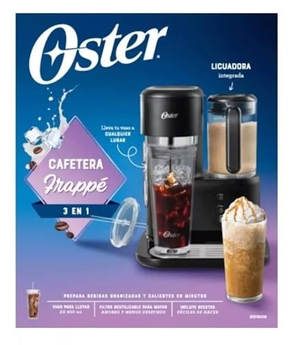 Oster Cafetera para Frappé 3 en 1 con Licuadora Integrada | Bebidas Granizadas, Café Caliente o Helado, Filtro Reutilizable, Sistema de Medida Integrado, BVSTDC03B