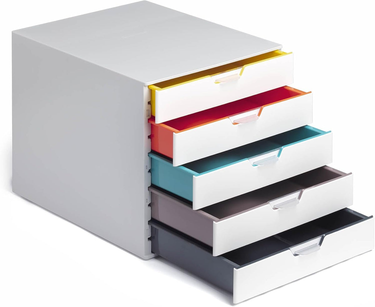 Durable 762527 - Cajonera (A4, varios colores), 5 Fächer | Plástico ABS estable, para formatos A4 y C4, cajones apilables con tope de extracción, 280x292x356 mm, Made in Germany